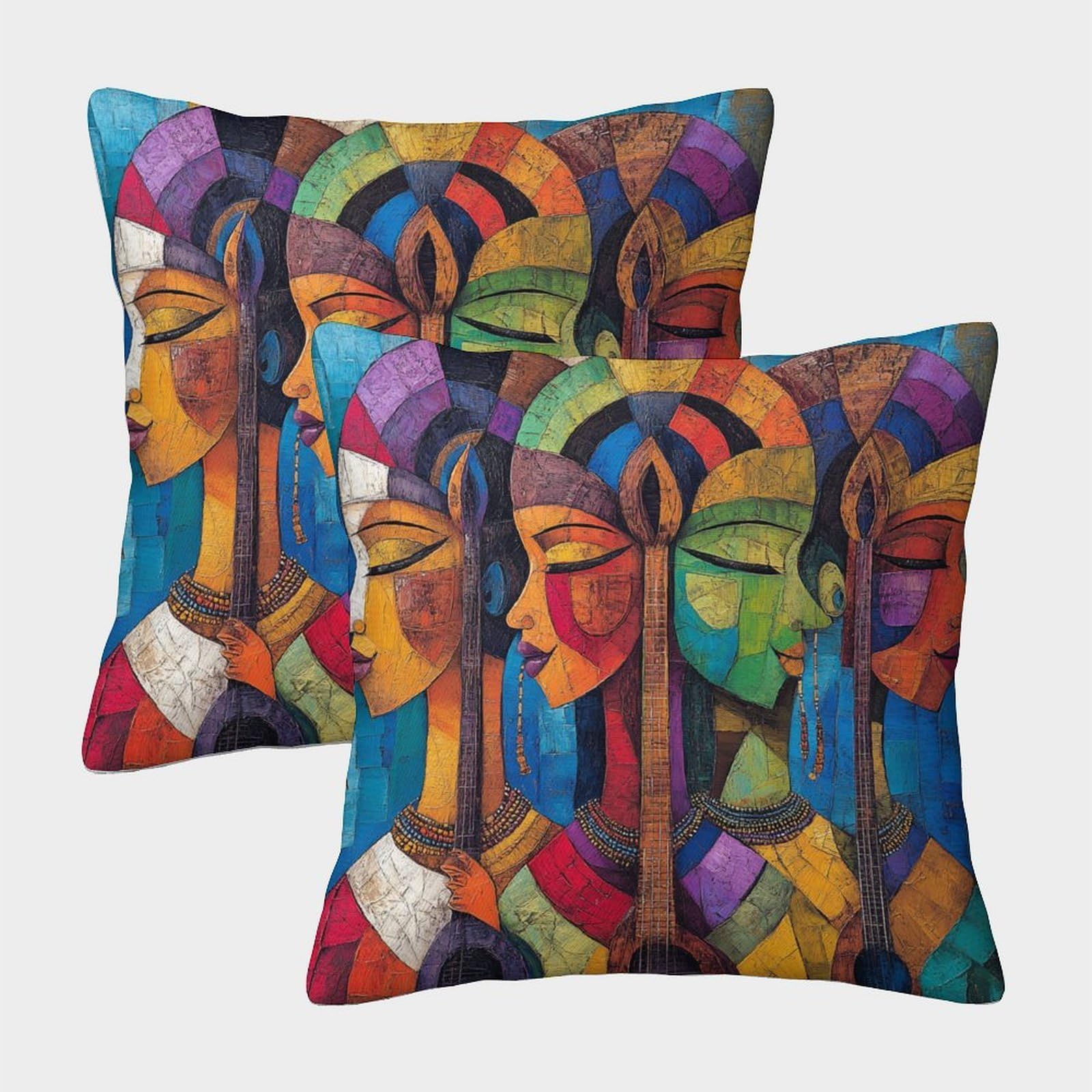 kaiyun 2 Pack Maasai People 3D Playing African Instruments Picasso Style Cushion Cover Pillow Cover Sofa Outdoor Decoration Square 45x45cm