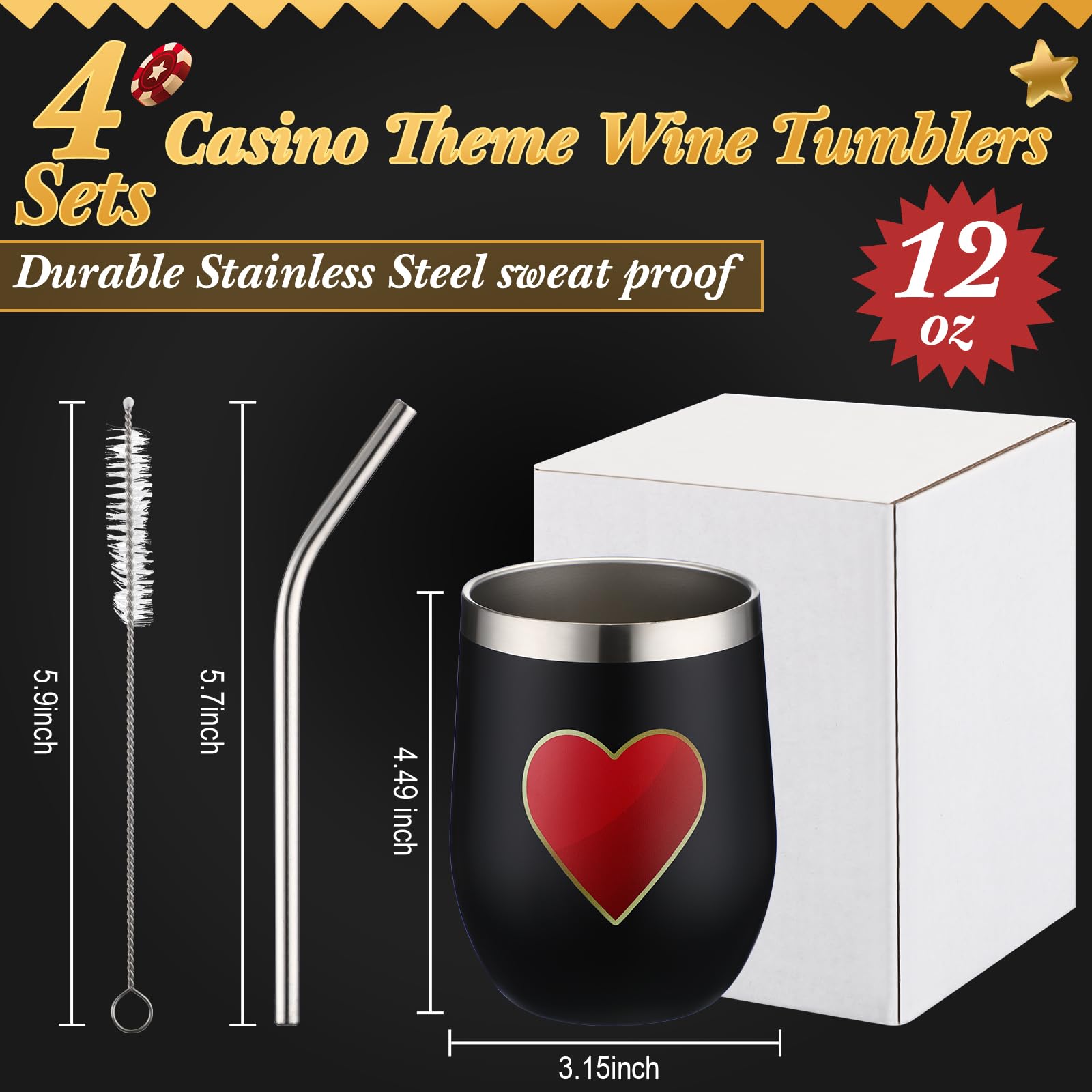 4 Pcs Casino Party Cups Pokers Glasses Stainless Steel Wine Tumblers with Lid and Straw 12 oz Casino Theme Party Decorations Poker Gifts Favors Set for Grad Birthday Game Night(Poker)