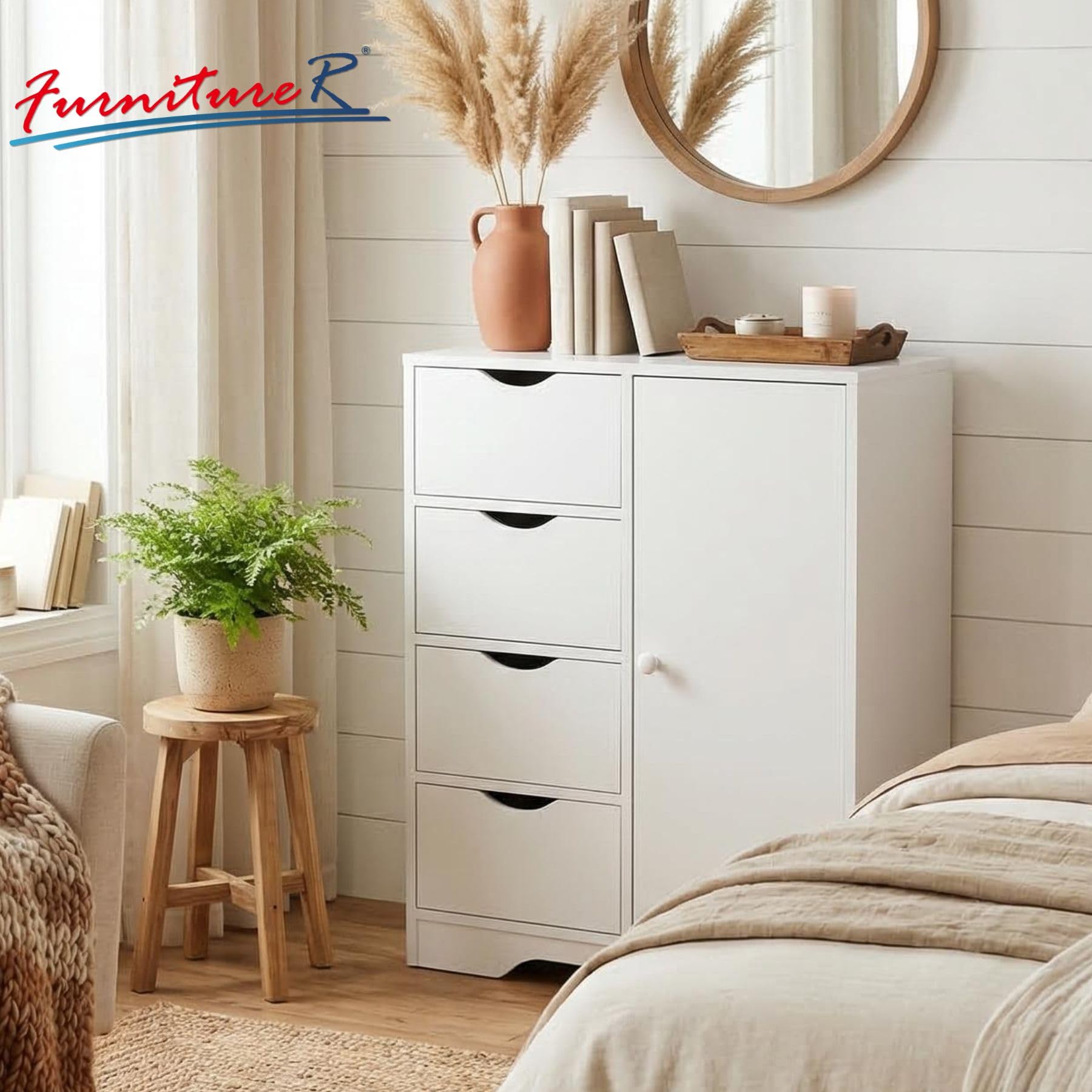 FurnitureR Kommode Weiß mit 4 Schubladen und Schrank, MDF Aufbewahrungsschrank mit Verstellbaren Regalböden, Schubladenschrank für Wohnzimmer Schlafzimmer Flur Büro, 55 x 30 x 82 cm