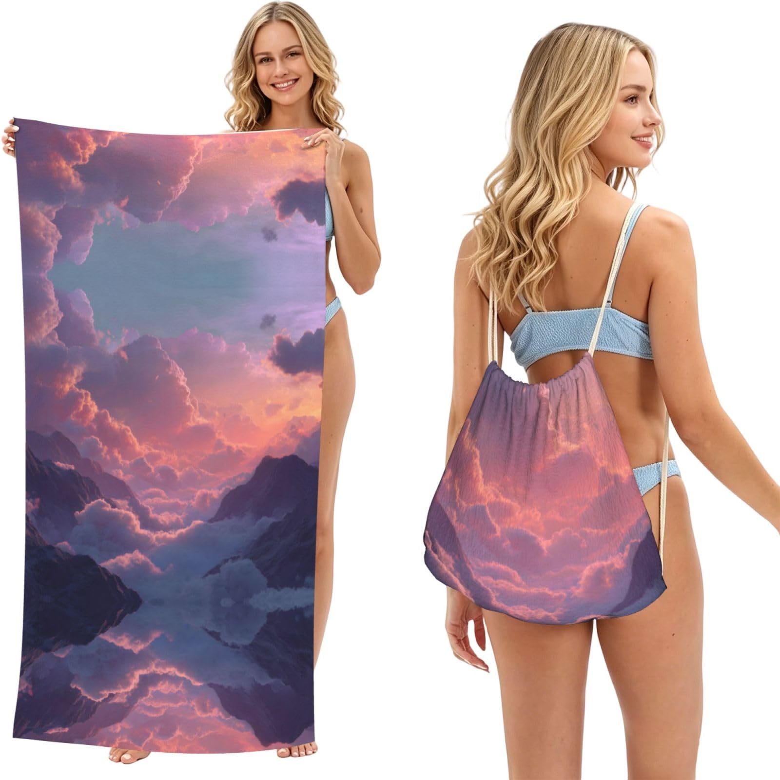 ESNAIUVCD Sea Of Clouds Print Beach Towel For Adults,Towel With Drawstring Bag, Travel Pool Swimming Sports Shower Sand Free Quick Dry Bath Towel For Pool, Beach, Yoga- 180x60cm