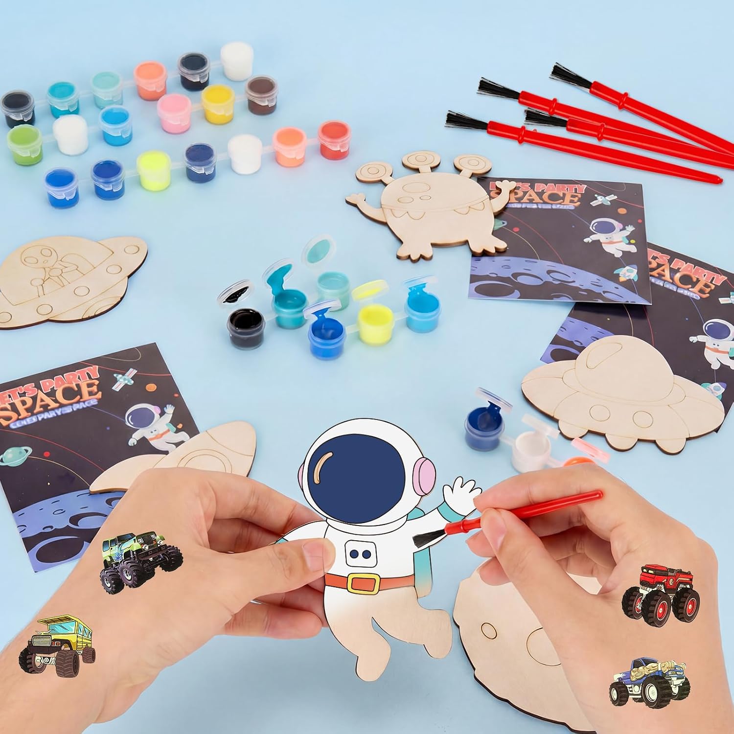 Space Themed Party Favors, 24 Set DIY Wooden Astronaut Painting Crafts Kit image 2