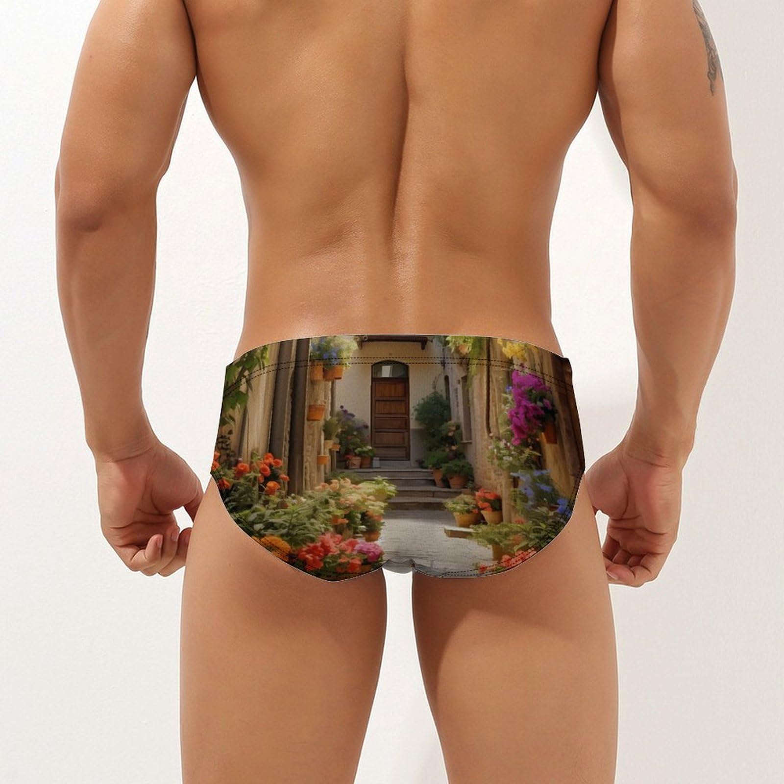 Italian Flowers Town Mens Swim Briefs Quick Dry Swim Trunk Bikini Underwear Swimsuit L