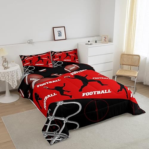 Miniatura 2 de Erosebridal Juego de edredón de fútbol de tamaño individual juegos de edredón deportivo para niños juegos de edredón de fútbol rojo y negro ropa de