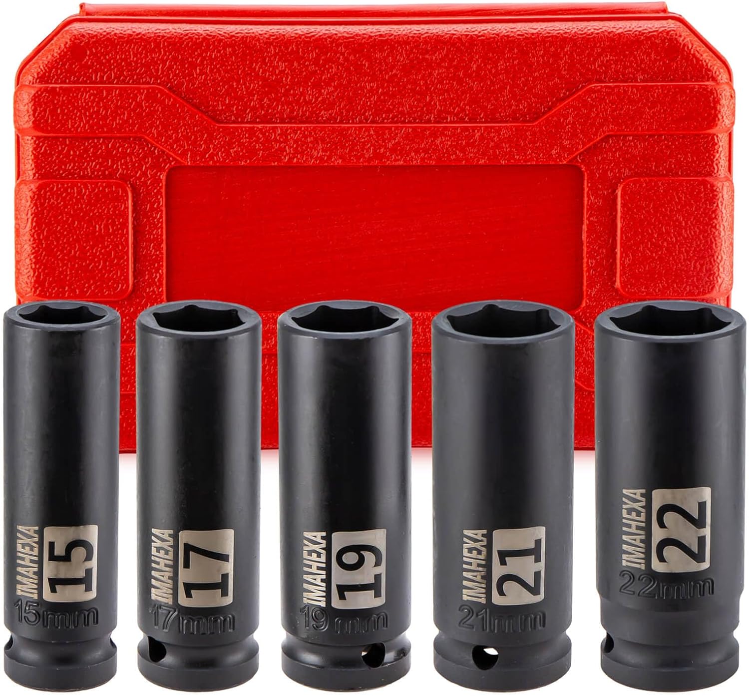 1/2" Drive Impact Long Socket Set, 5 Piece Metric Sizes (15,19,21 to 22 mm),Allen Socket Set,Deep CO-MO Meterial Socket,With Premium Red Socket Organizer