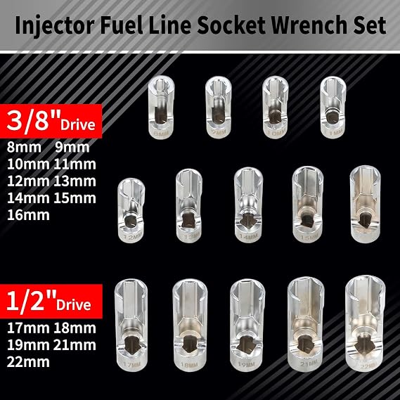 DPTOOL 14pcs Diesel Injector Fuel Line Socket Set Metric 8-22mm Flare Nut Socket Set 3/8 1/2 Drive 5-Point Avoid Wire Nut Sockets for Wired Temperature Sensor, Thermo Switch, etc