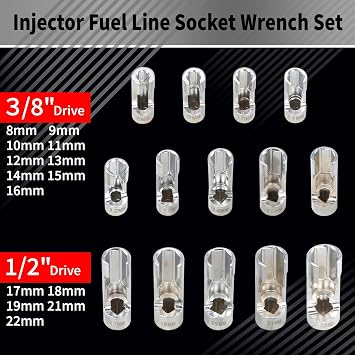 DPTOOL 14pcs Diesel Injector Fuel Line Socket Set Metric 8-22mm Flare Nut Socket Set 3/8 1/2 Drive 5-Point Avoid Wire Nut Sockets for Wired Temperature Sensor, Thermo Switch, etc