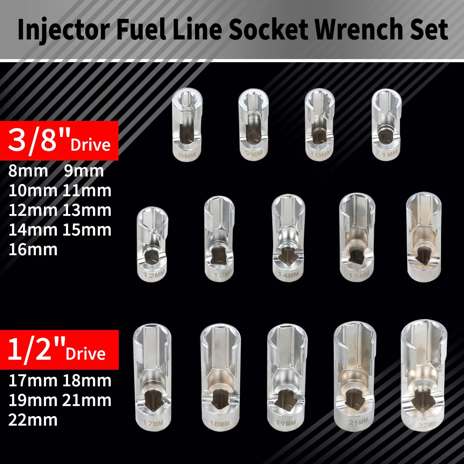 DPTOOL 14-teiliges Diesel-Injektor-Kraftstoffleitungs-Steckschlüssel-Set, metrisch, 8–22 mm, Schlagmutter-Steckschlüssel-Set, 3/8 Zoll, 1/2-Zoll-Antrieb, 5-Punkt-Vermeidung von Drahtmutter-Stecknuss