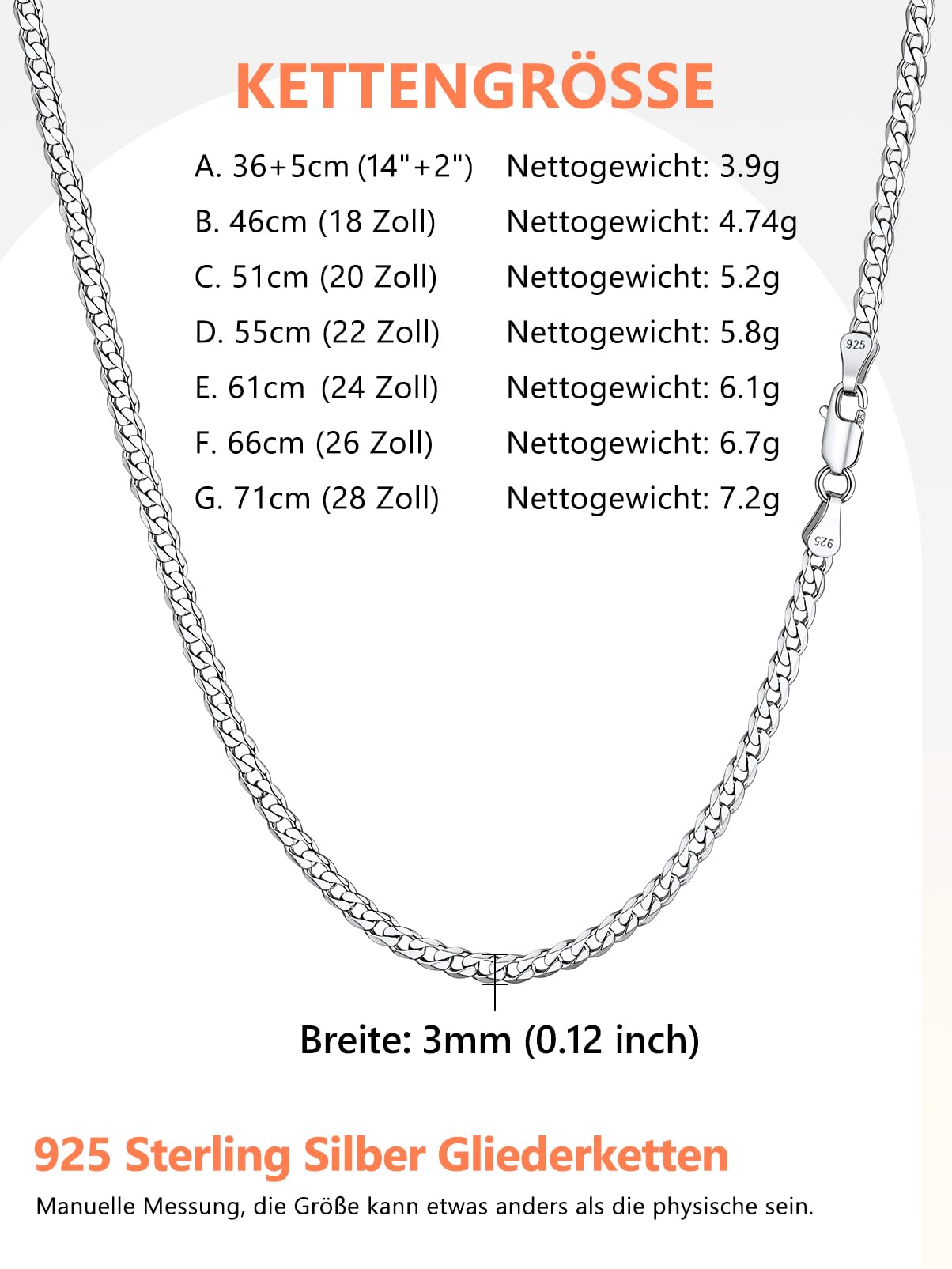 Silvora S925 Silber 3/5mm Ultradünne Herren Kubanische Kette Damen Figaro Kette，S925 Silber Cuban Link Chain Panzerkette Verschiedliche Längen 36/46/51/56/61/66/71 cm in Silber Farben