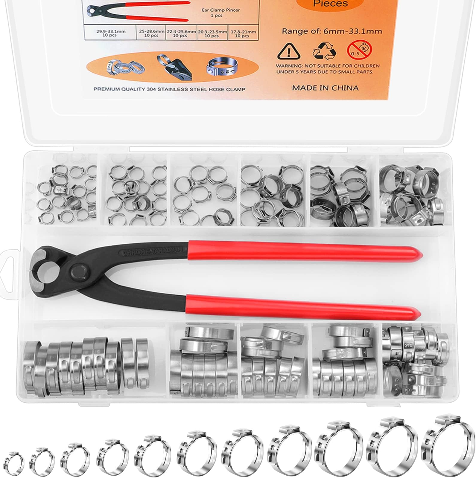 𝟭𝟮𝟬𝗣𝗖𝗦 𝟭𝟭 𝗦𝗶𝘇𝗲𝘀 𝗦𝗶𝗻𝗴𝗹𝗲 𝗘𝗮𝗿 𝗛𝗼𝘀𝗲 𝗖𝗹𝗮𝗺𝗽𝘀 304 Stainless Steel, 6-33.1mm Stepless Cinch Rings Crimp Assortment Kit with Ear Clamp Pincer for Securing Pipe Hose