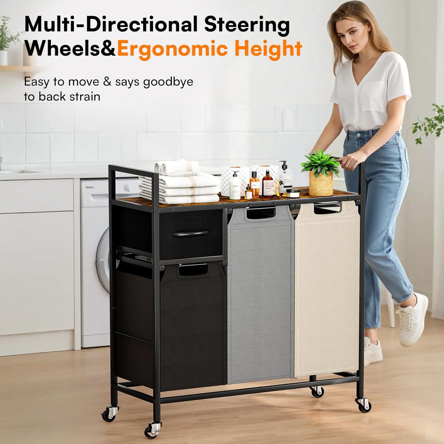 Laundry Hamper - Laundry sorter 3 Section 145L - Laundry Room Organization with 4 Pull-Out Drawers, Removable Oxford Bags, Lockable Wheels & Sturdy Shelf for Laundry Room, Bathroom, Bedroom