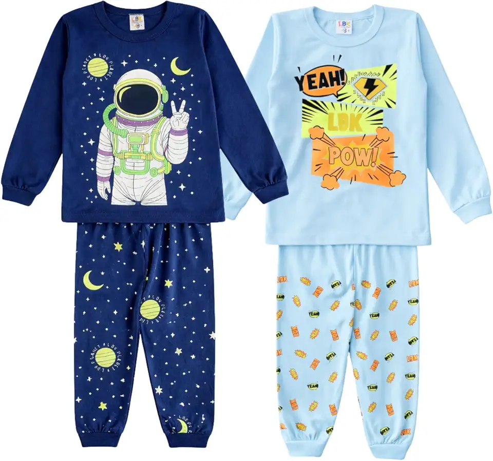 Kit 2 Pijamas Infantis Menino 100% Algodão – Conjunto Blusa Manga Longa + Calça – Tamanhos 1 ao 8