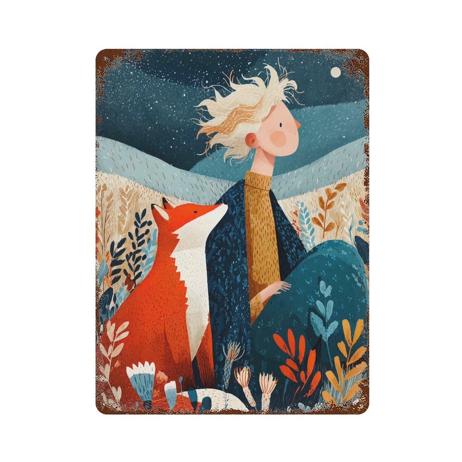 Girl And Fox Under Starry Sky Weathered Tin Sign 15.7"x11.8", Rustic Home Decor for Garage, Pub Or Kitchen