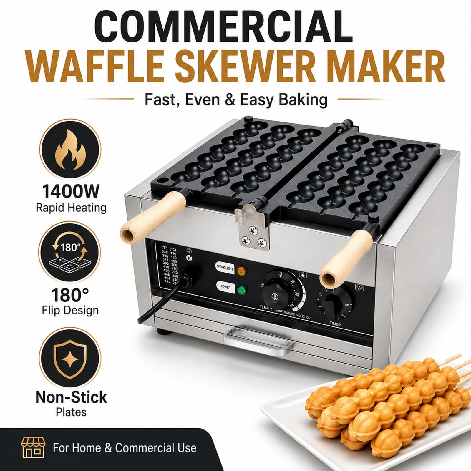 Macchina Professionale Per Waffle Su Stecco Tipo Bubble Waffle, Piastra In Acciaio Inox Antiaderente A 3 Scomparti, Design Girevole A 180°, Timer 0-5 Minuti, Per Bar, Snack Bar E Ristoranti
