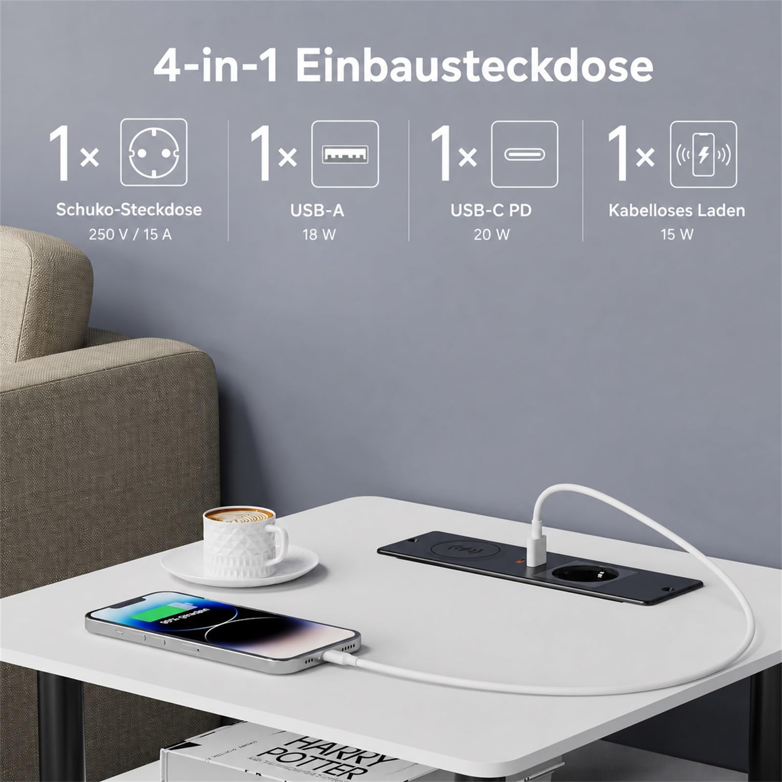 Einbausteckdose mit 15W Wireless Charger, USB-C PD 20W & Schuko, Schwarz | Kompakte 4-in-1 Lösung mit Schuko, USB-C PD 20W, USB-A 18W und 15W kabellosem Laden für Schreibtisch und Möbel.