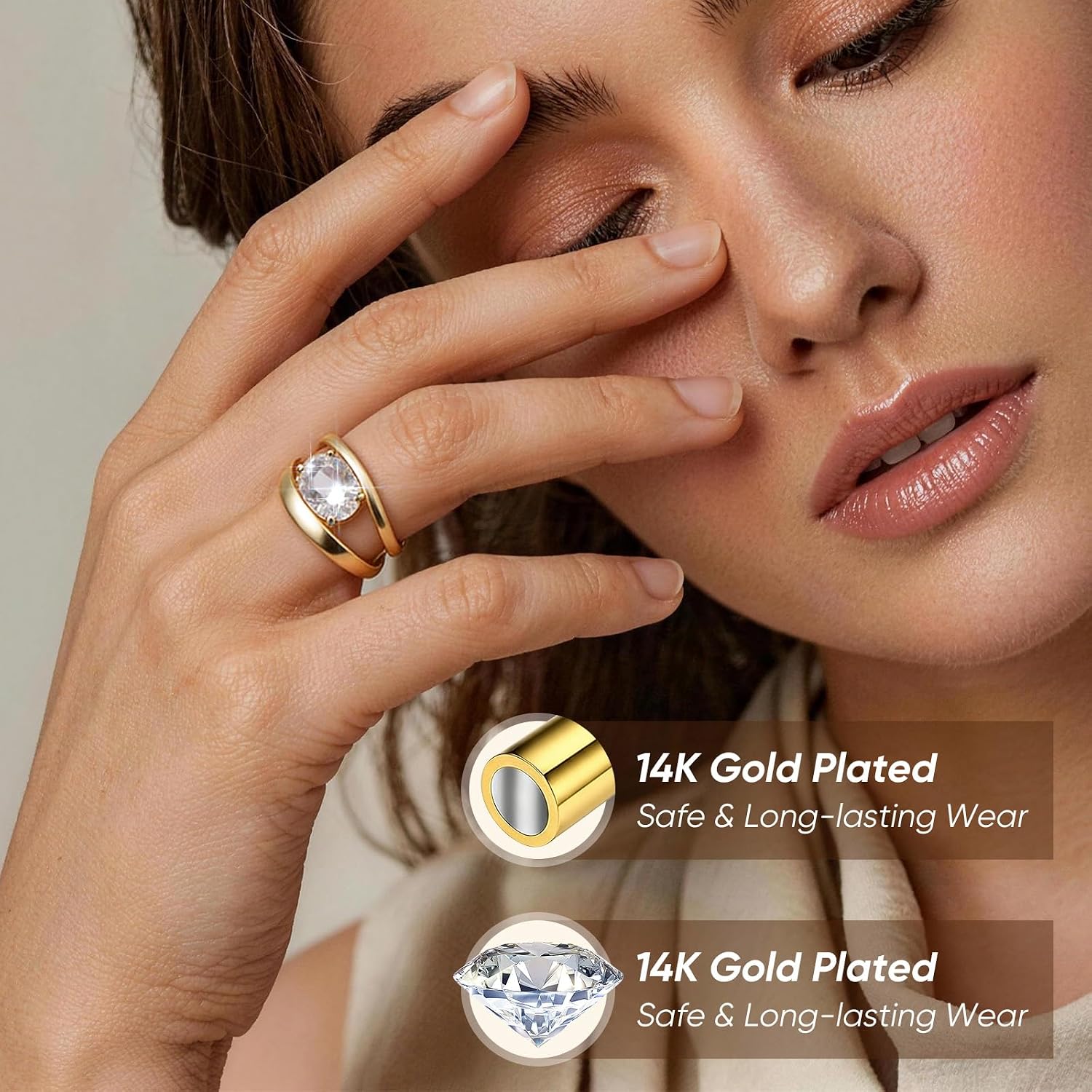 KSF 14K Gold Plated Chunky Statement Ring for Women | Irregular Rings,Open Cubic Zirconia CZ Wavy Ring,Jewelry for Anniversaries,Birthday,Girlfriend Wife,Size 7-10