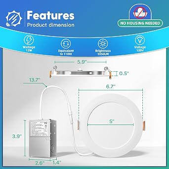 FREELICHT 1 Pack 6 Inch 5CCT Ultra-Thin LED Recessed Ceiling Light with Junction Box, 2700K/3000K/3500K/4000K/5000K Selectable, 1050LM Brightness, 12WEqv110W, ETL&FCC