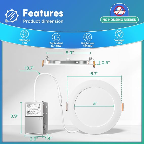 FREELICHT 1 Pack 6 Inch 5CCT Ultra-Thin LED Recessed Ceiling Light with Junction Box, 2700K/3000K/3500K/4000K/5000K Selectable, 1050LM Brightness, 12WEqv110W, ETL&FCC