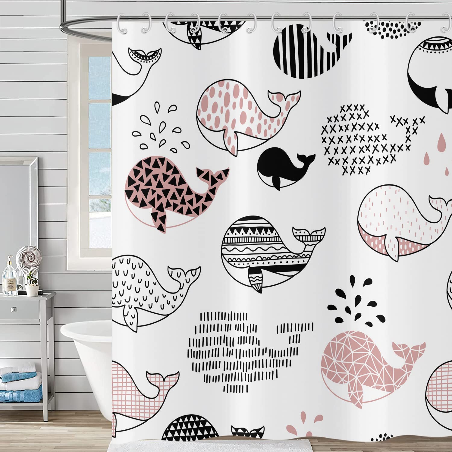 Hnmdmyi Funny Shower Curtain 120x200, Cartoon Whale Shower Curtains Cute Ocean Animal Abstract Black Pink Fish Kids Bathroom Curtains with Hooks Waterproof Polyester Fabric Washable Bath Curtains