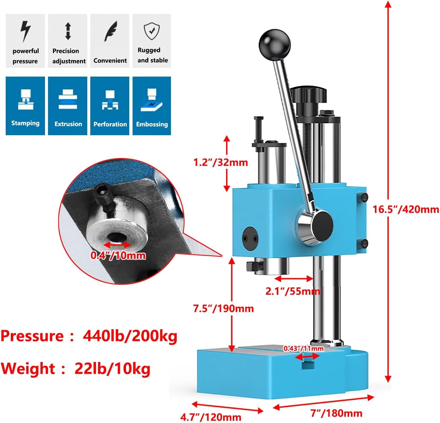 12.6in Maximum Height,0.5-ton Manual Mandrel Press,Metal Hand Press for Leather Perforating,Handle Auto-Rebound Benchtop Mandrel Press(440lb/200kg)