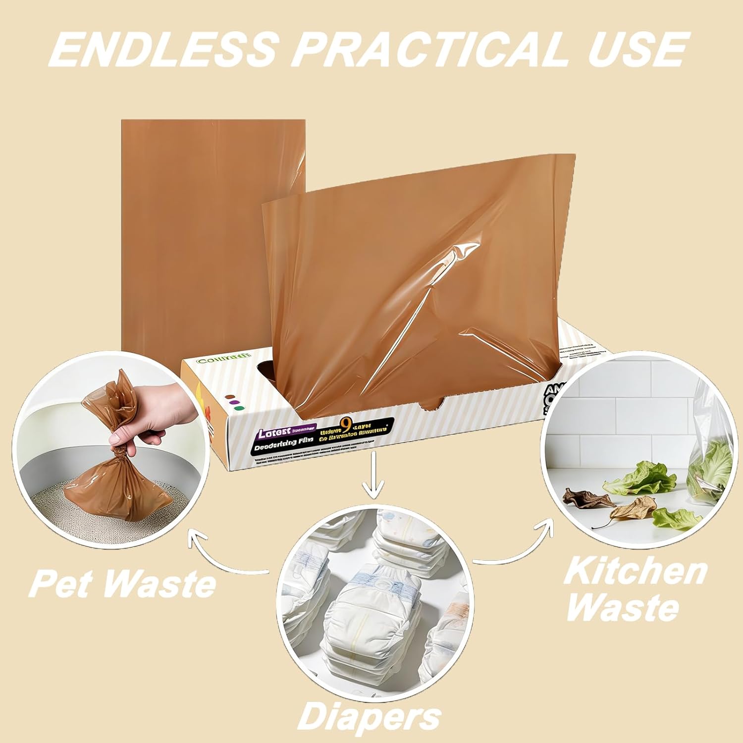 Odor-Sealing Cat Poop Bags S, 220 Count | Durable Unscented Waste Bags for Pet, Diaper, Ostomy & Food Waste Disposal (Brown)