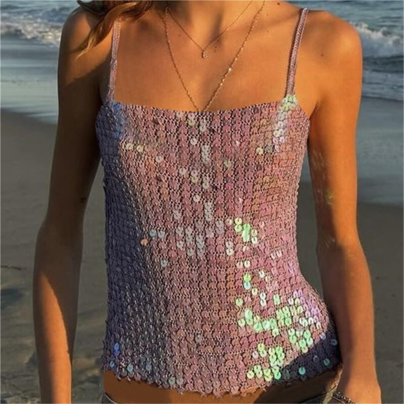 Top Halter Mujer Top sin Espalda con Adornos de Lentejuelas for Mujer, Tops Cortos Ganchillo, Tejido Playa for Verano, Purpurina Brillante