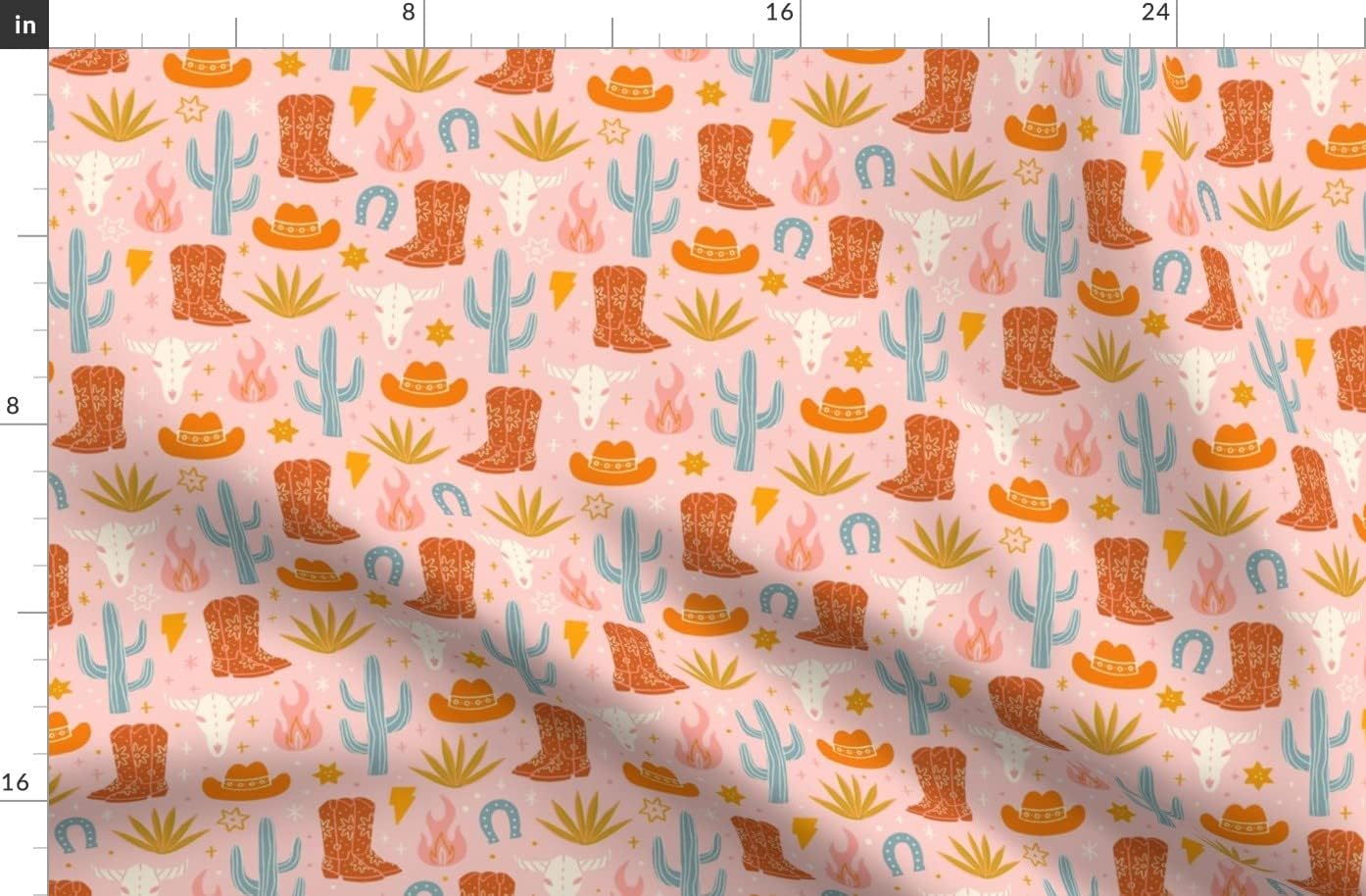 Spoonflower Fabric - Pink Southwestern Cowgirl Boots Bright Blush Rustic Boho Western Printed on Organic Cotton Sateen Fabric by The Yard - Sewing Quilting Apparel Home Decor