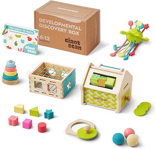 Miniatura 9 de Juguetes Montessori para bebés de 6 a 12 meses, 6 en 1 juguetes de aprendizaje de educación temprana de madera con dentición sensorial, caja de