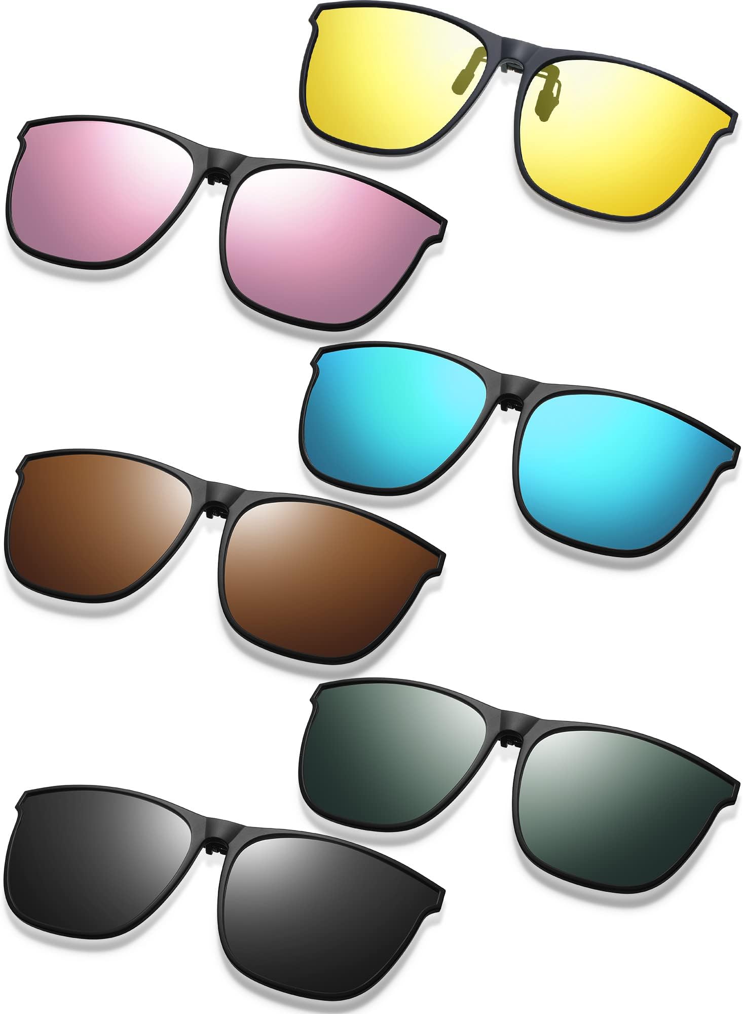 6 Pairs Large Polarized Clip on Sunglasses UV Protection Driving Clip on Sunglass Colorful Flip Frame Glasses for Women Men Eyeglasses