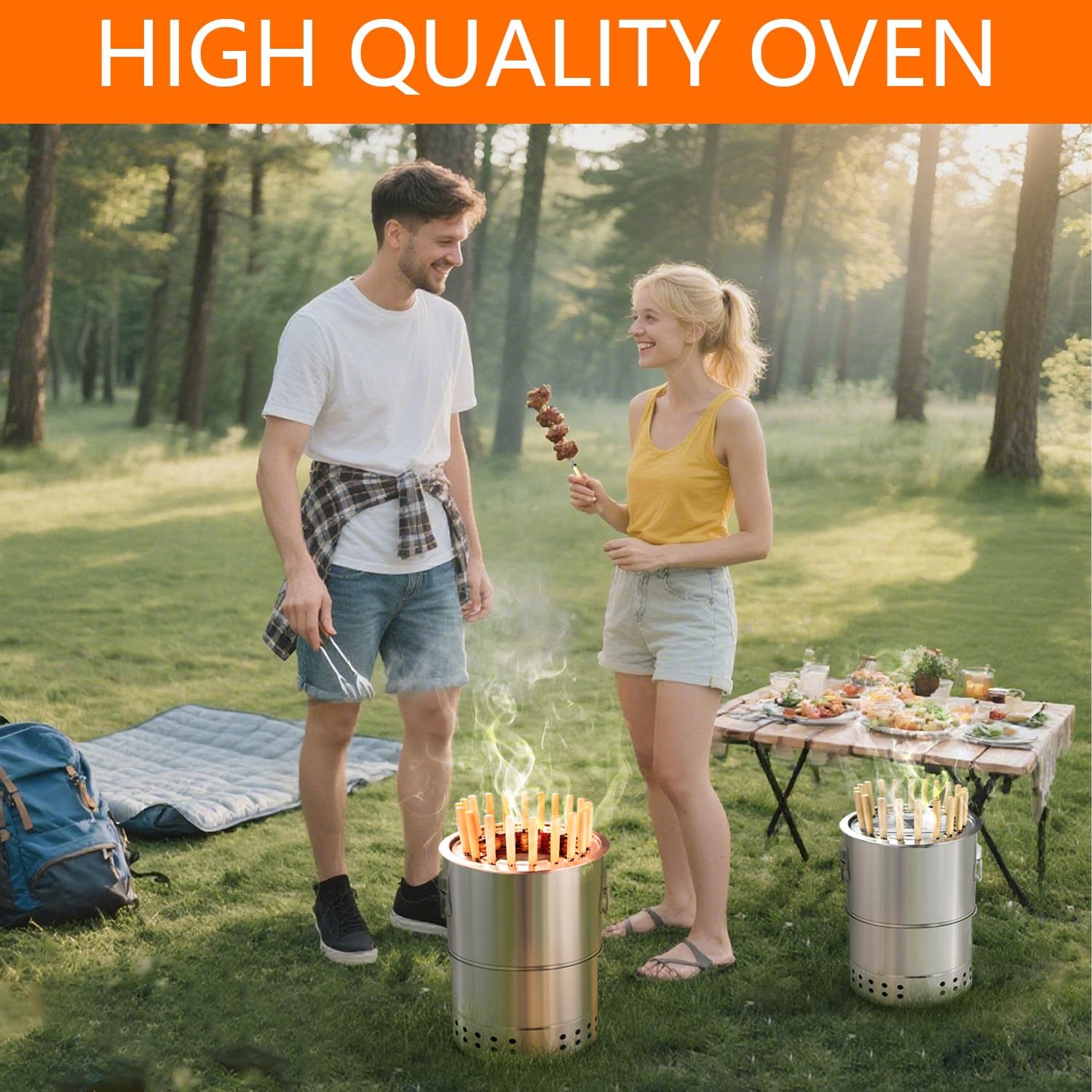 Stainless Smokeless Charcoal Grills Surround Charcoal Barrel Grill 360° Smokeless Outdoor Barbecue Grill for Travel for Travel, Outdoor Cooking and BBQ, Camping Grill Picnic Patio Backyard