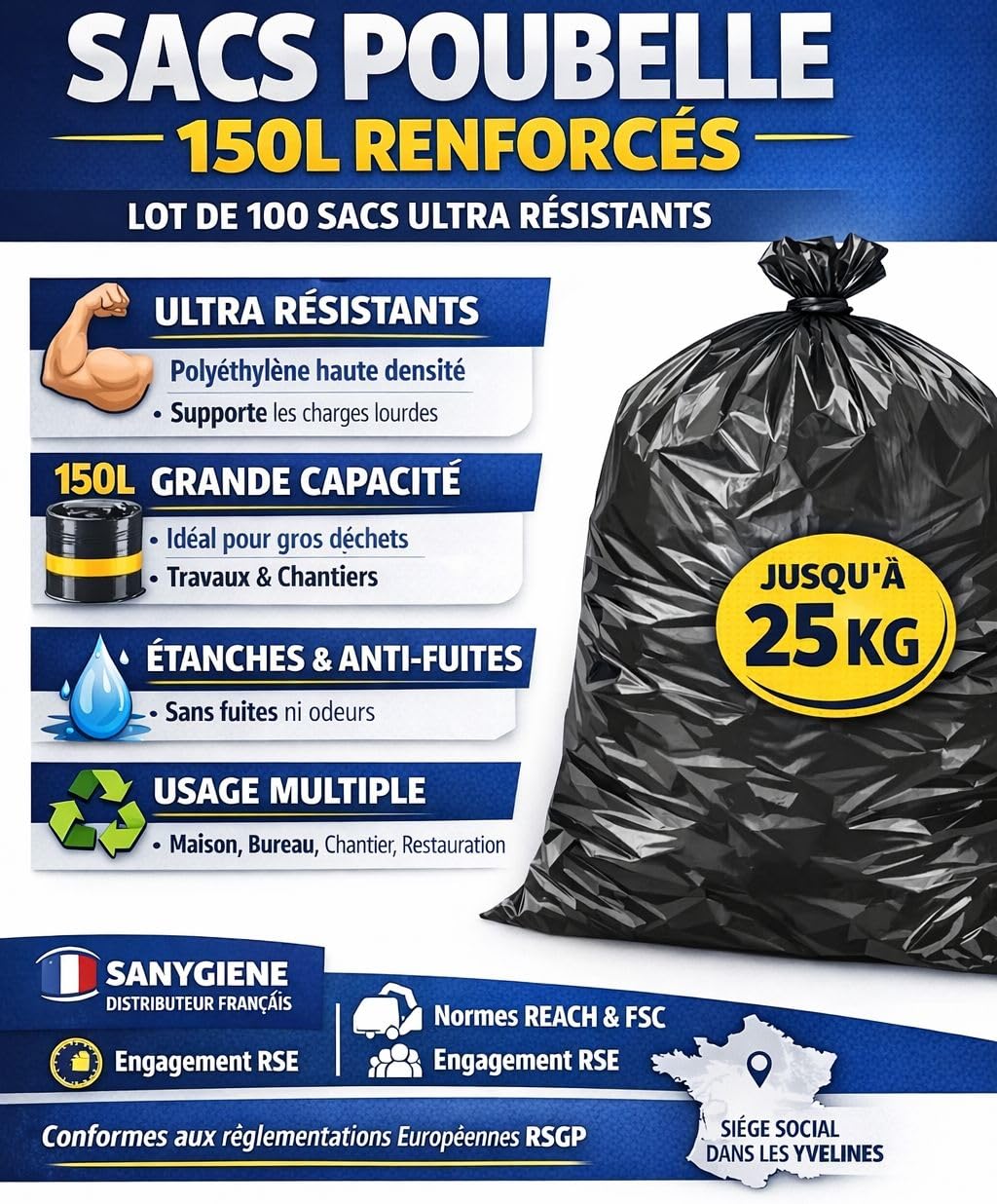 Bolsa de basura de 160 litros (cartón de 100 bolsas) | Reforzado - Muy resitante (40µ) | Todos los residuos y basura | Negro opaco - Resistente al agua - Opaco - Anti cortes |