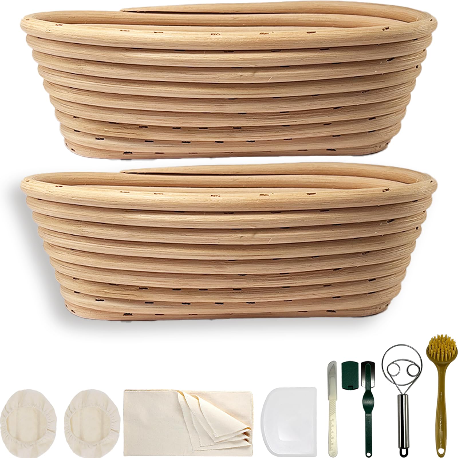Banneton en rotin naturel, kit de panier à pain au levain, panier ovale de 5,1 x 25,4 cm avec outils de pâtisserie pour la fabrication du pain, kit de démarrage de pâtisserie, panier à bannier,