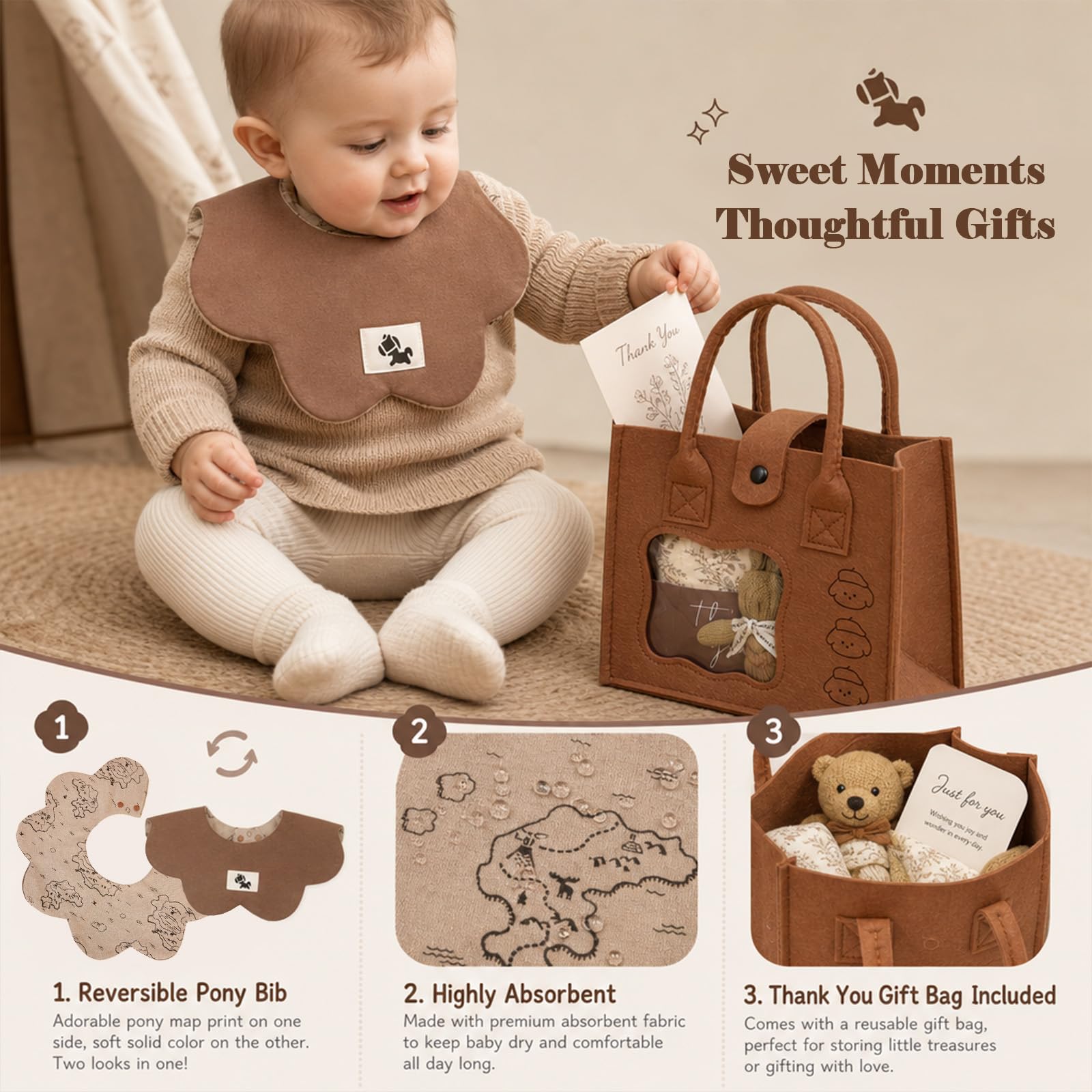 Set Regalo Neonato Nascita Bimbo Bimba, Pagliaccetto Coperta Bavaglino Doudou Cappello Neonato Calzini Giocattoli Peluche Biglietti Borsetta in Feltro, Regalo Neonato Nascita Baby Shower Unisex
