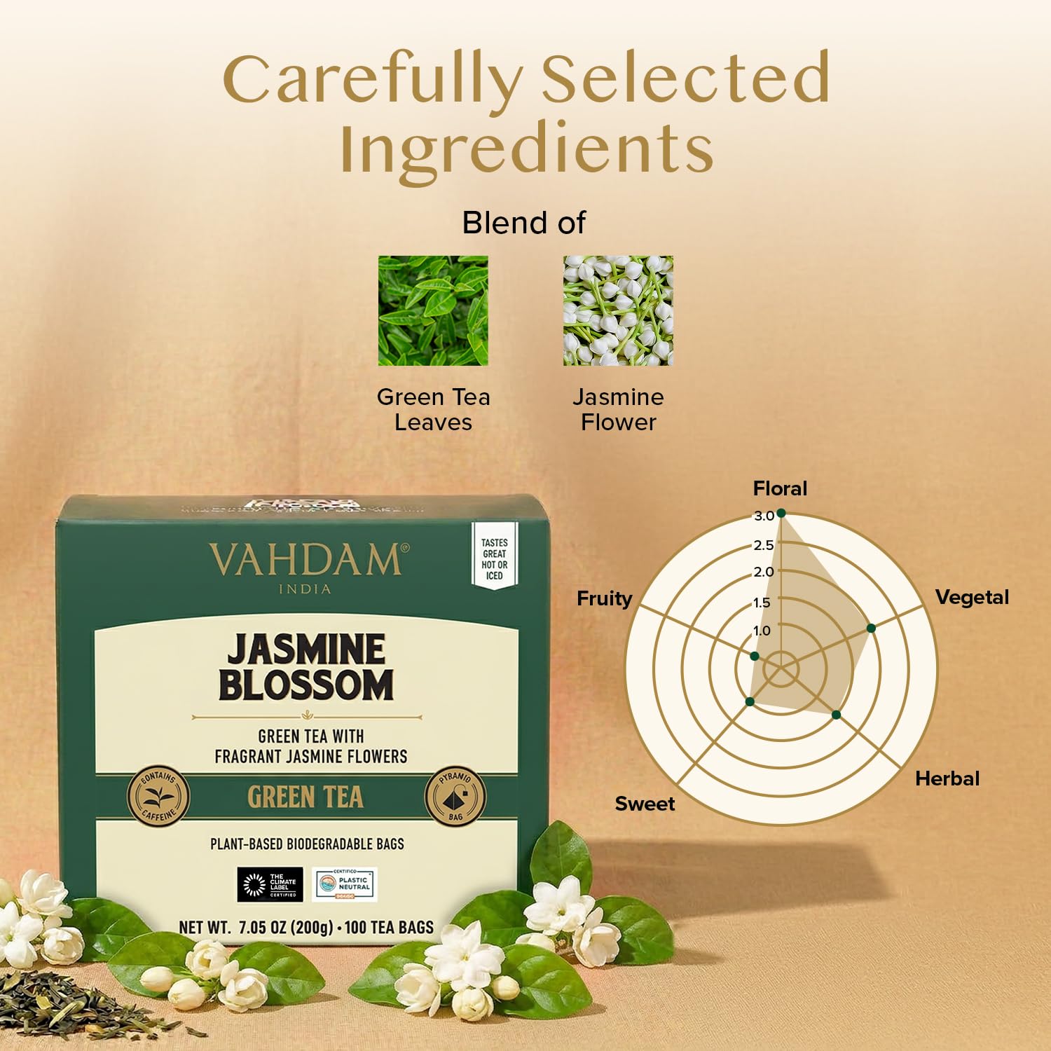 VAHDAM, Tè Verde al Gelsomino (100 Bustine) | Medio Tenore di Caffeina | Te Verde in Foglie di Alta Quota con Fiori di Gelsomino | In Bustina Richiudibile con Chiusura Ermetica