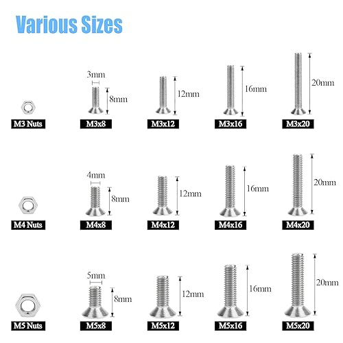 Miniatura 10 de DYWISHKEY 600 piezas métricas M2 M25 M3 acero inoxidable 304 cabeza plana avellanada kit surtido de tornillos y tuercas con llaves hexagonales