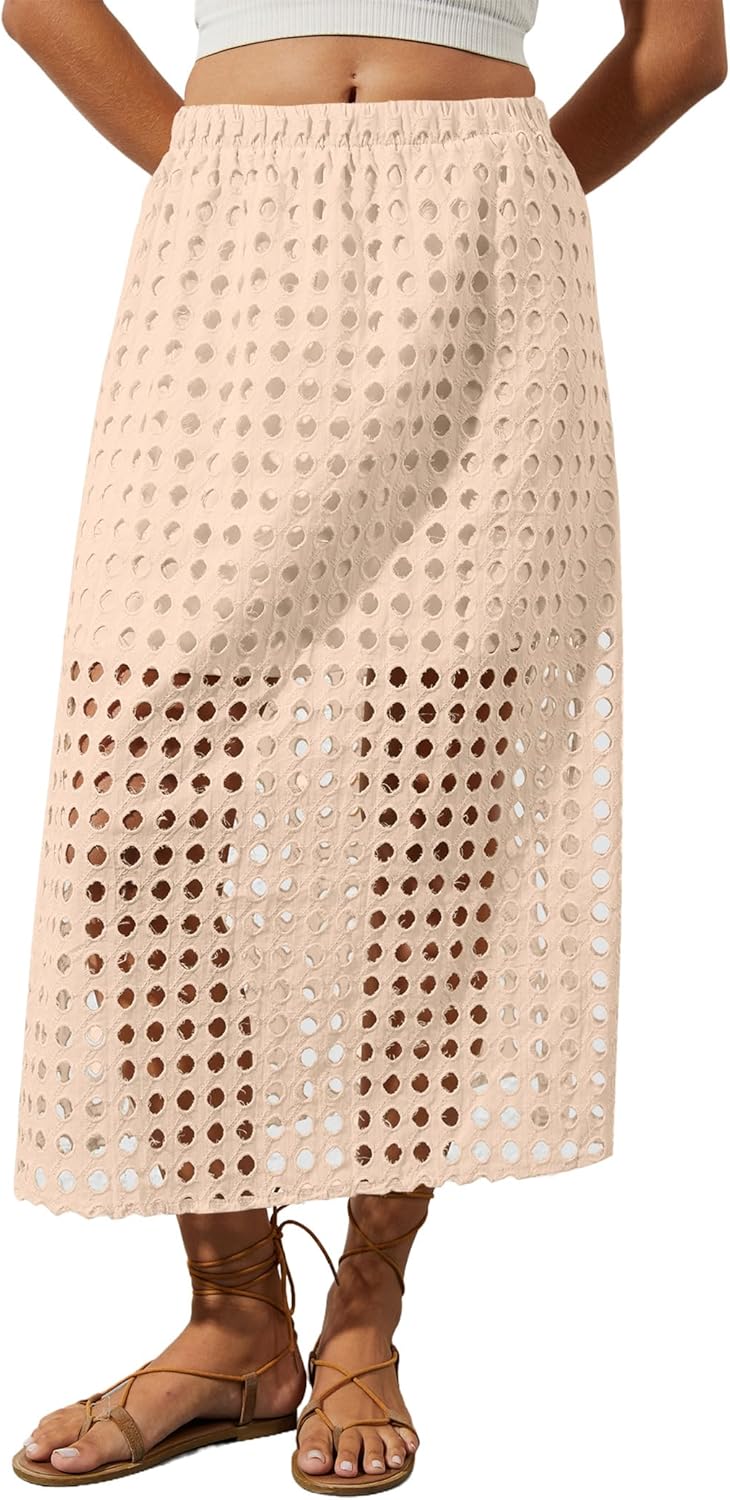 2025 Summer Casual Long Skirt for Women Hollow Out Midi Skirt Eyelet Beach Skirt