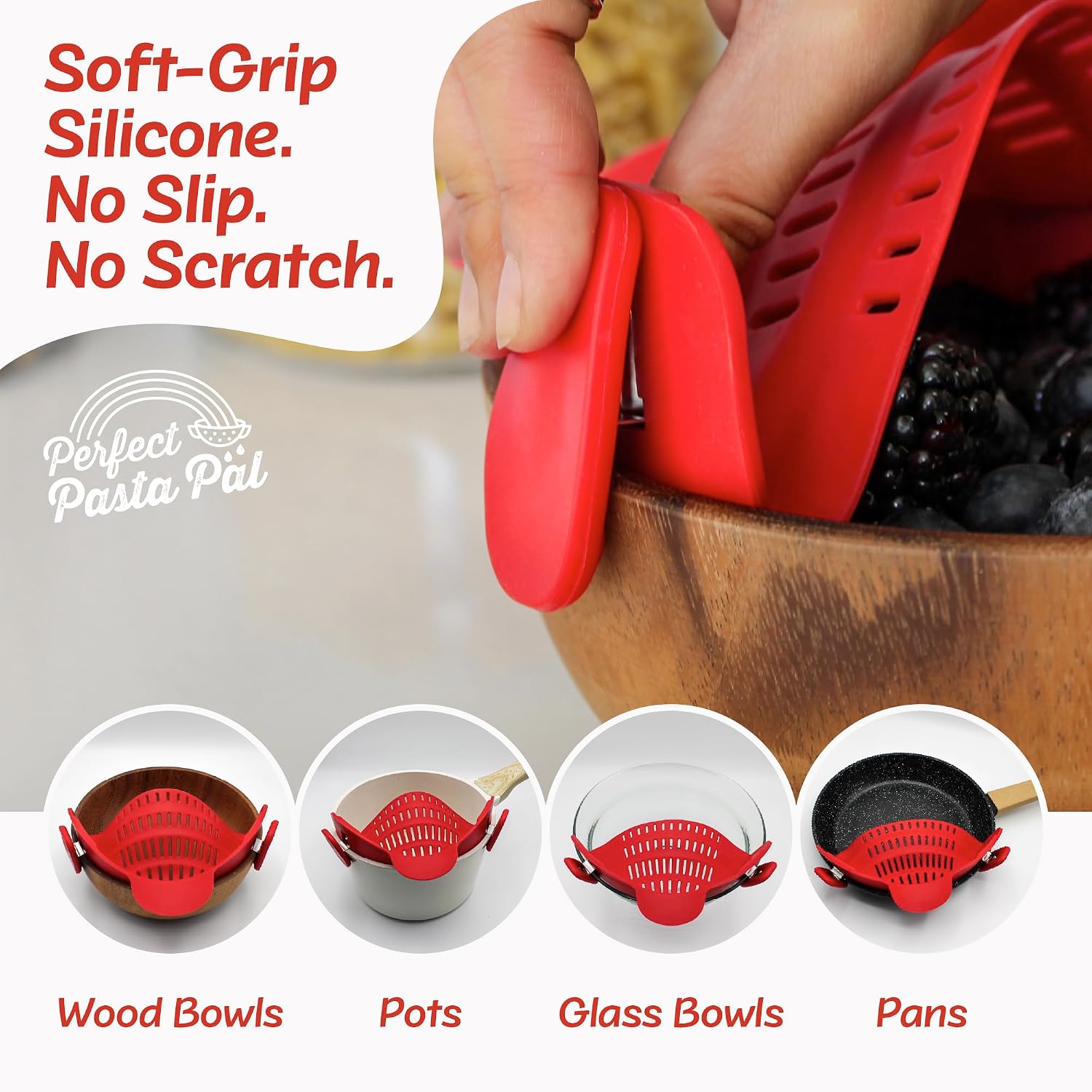 PERFECT PASTA PAL Clip-On Silicone Pot Strainer for Pasta and Vegetables