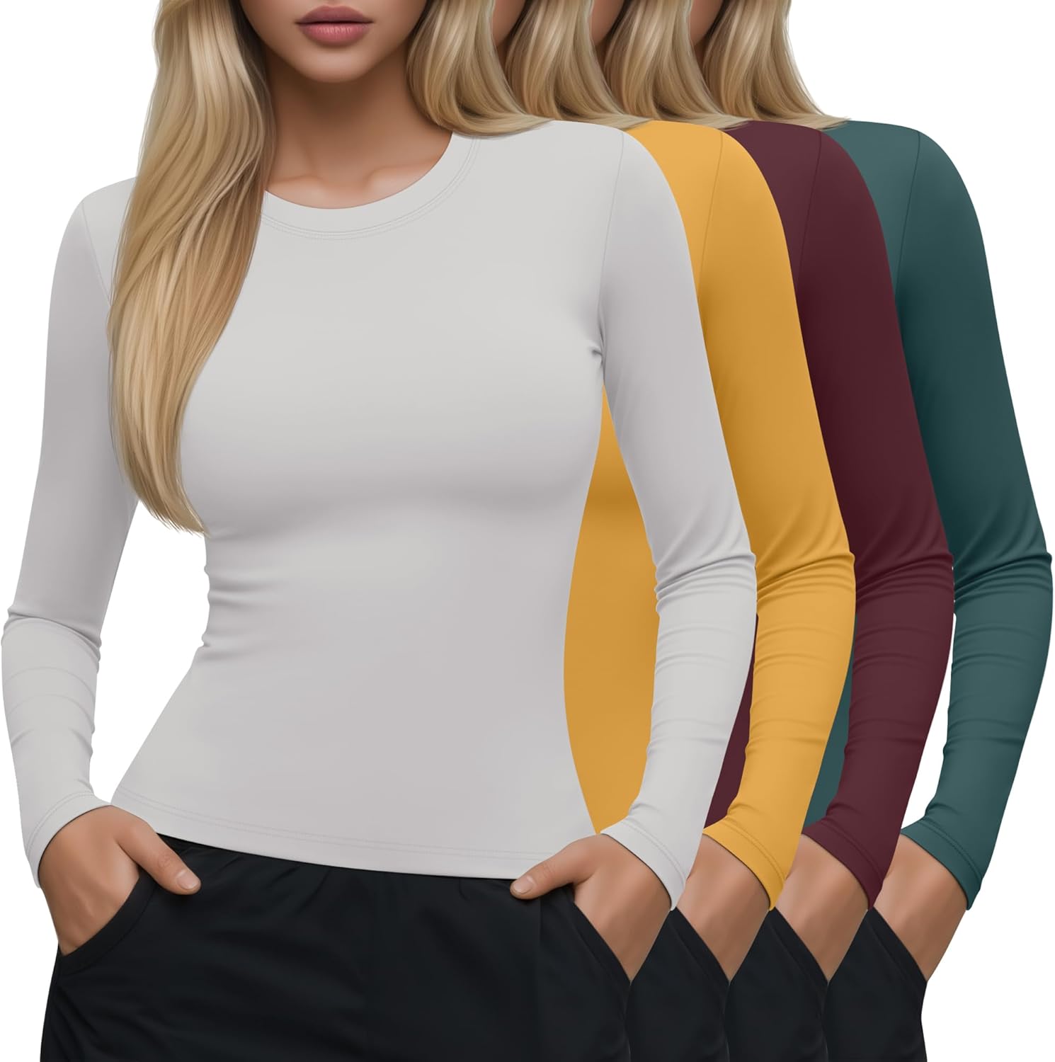 Neer 4 Pcs Womens Long Sleeve Yoga Shirts Crew Neck Compression Tight Workout Shirts Lightweight Stretchy Breathable Tees