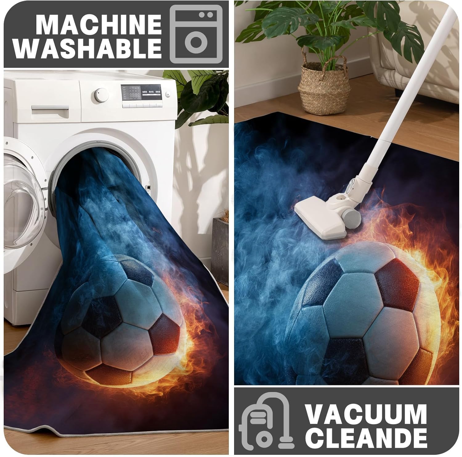 24Wx36L Entryway Rug Flames Football Non Slip Backing Machine Washable Low Pile Dynamic Sports Scene Indoor Doormat for Front Door Entrance Kitchen, Blue