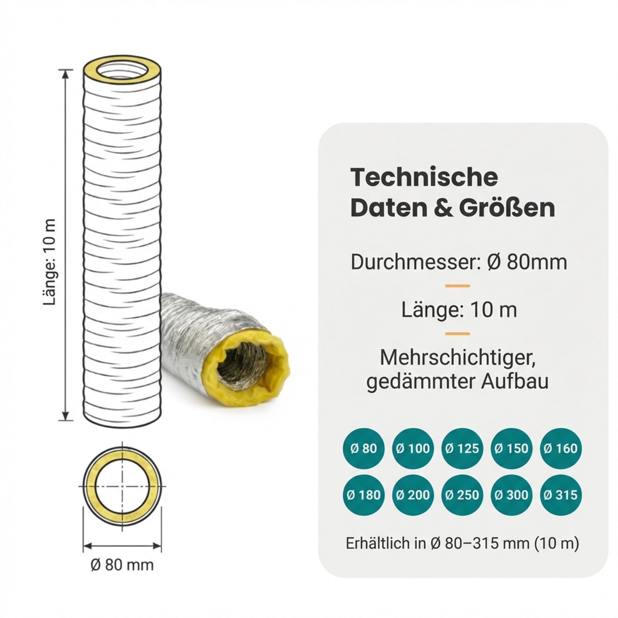 Easy Act Sonoconnect - Tubo insonorizzato Ø 80 mm, lunghezza 10 m, tubo flessibile di ventilazione isolato per sistemi di ventilazione e aria silenziosi
