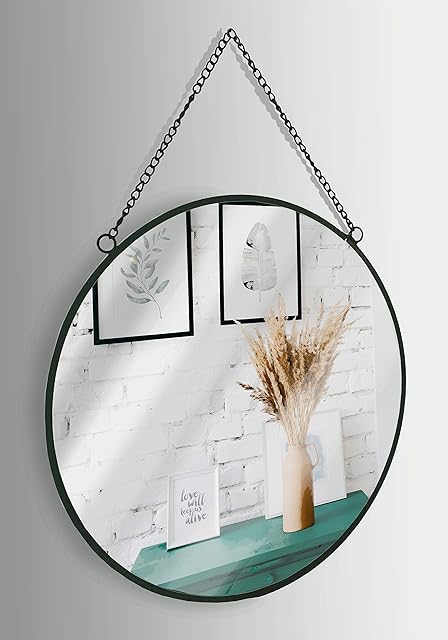 GreyZouq Vintage Style Round Black Metal Framed Mirror with Chain 25cm
