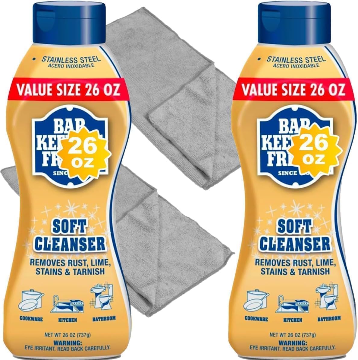 Cleaning Bundle of Bar Keeper's: Bar-Keeper’s-Friend Soft Cleanser 26 oz - 2 packs + 2 Microfiber Cleaning Cloth 16x12