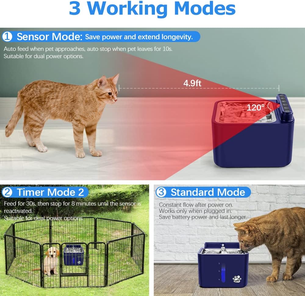Wireless & Rechargeable Battery Operated Cat Water Fountain, Kastty 108oz/3.2L Larger Quiet Automatic Cat Fountain with Smart 3 Flow Modes+Foodgrade 304 Stainless Steel Dish for Pets Inside or Outdoor : Pet Supplies
