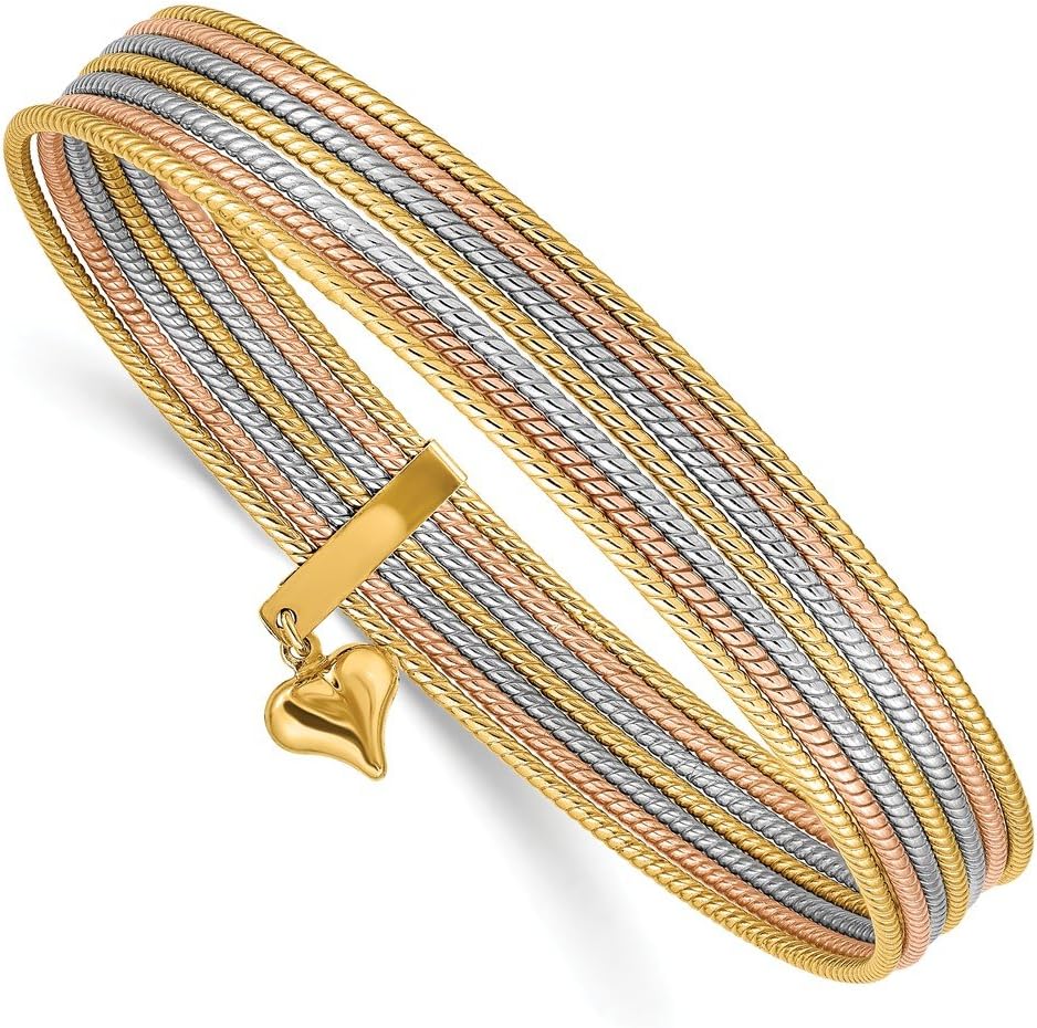 Real 14kt Tri-color w/Dangle Heart Oversized Set of 7 Textured Slip-on Bangles