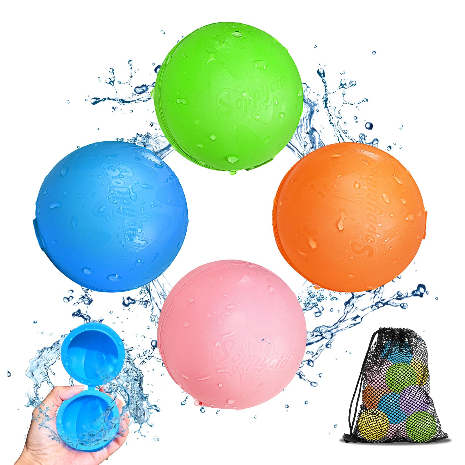 Globos de Agua Reutilizables, 4 Piezas Bolas de Agua Recargables Autosellante de Llenado Rápido para Niños y Adultos, Juguetes de Verano Aptos para Exteriores, Piscina, Playa y Fiestas Acuáticas
