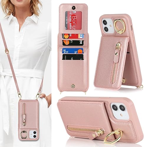 Funda para iPhone 12 con tarjetero para mujer, para iPhone 12 Pro, funda con correa para tarjetas de crédito, bandolera con función atril y
