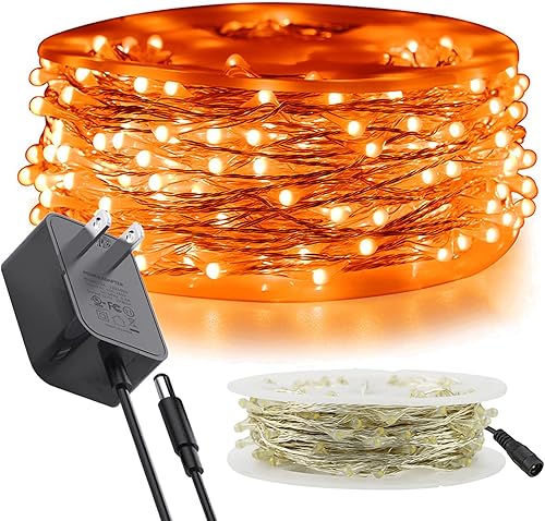 RUICHEN Guirnalda de luces LED con cable plateado de 99 pies, 300 luces LED con carrete, color naranja
