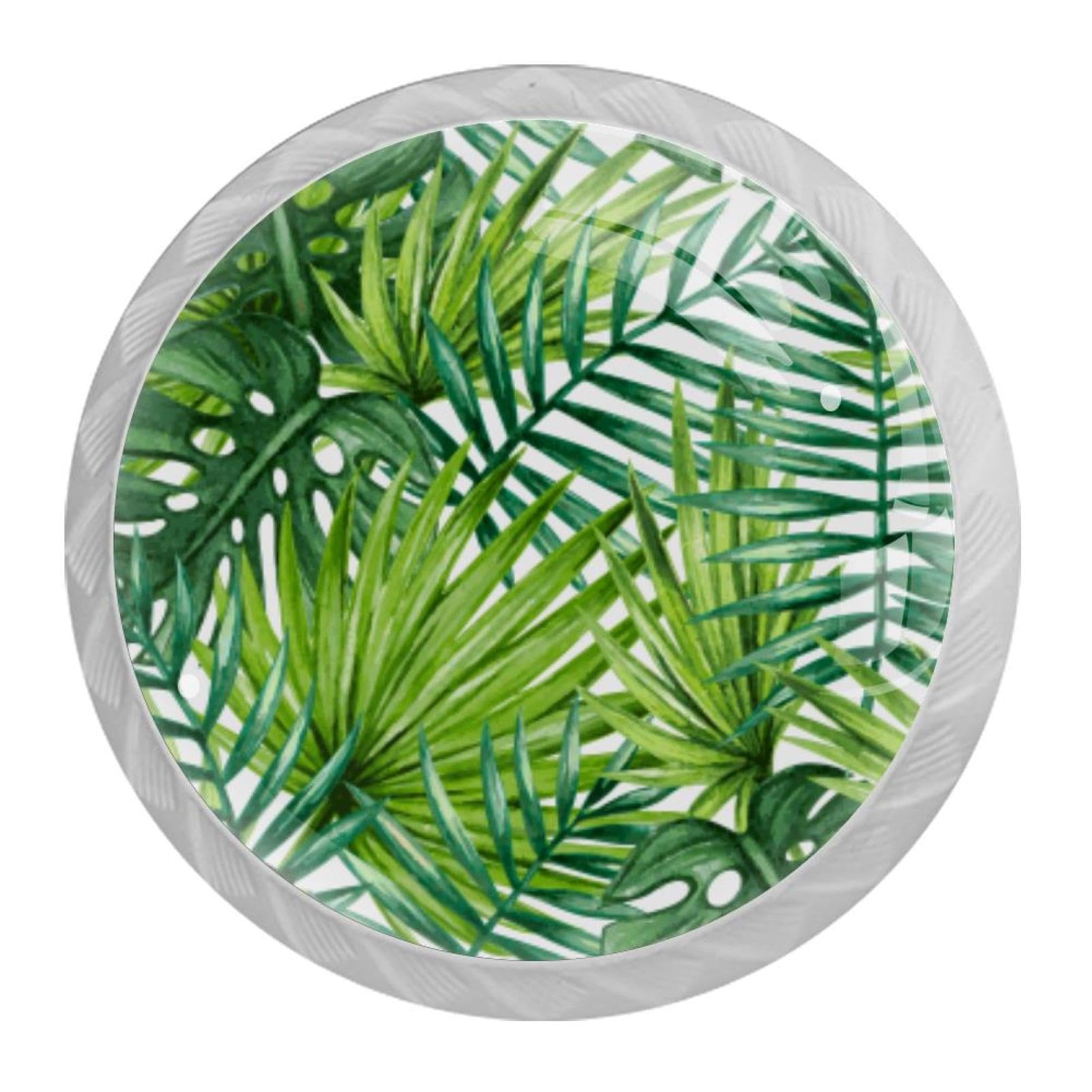 Tqmspg 4 Pieces Drawer Pulls Tropical Palm Leaves Jungle Leaf Door Knobs Dresser Handles for Kitchen Wardrobe Cupboard Hardware Furniture