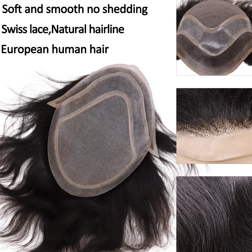 Men toupee Toupee for Men Wigs Hand Tied Swiss Lace Front with Monofilament and Poly Coating Around European Human Hair Replacement Systems Man Hairpiece 10x8 inches (60RY Grey White Color)