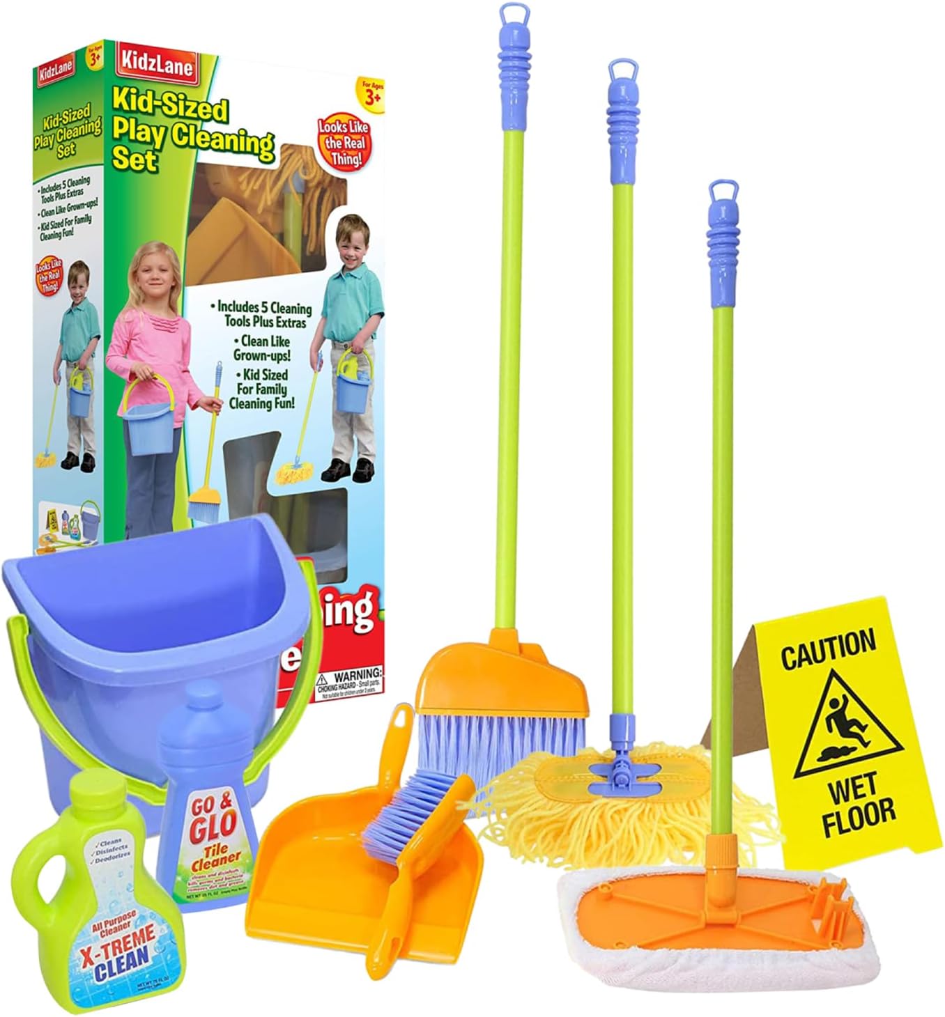 Kidzlane Kids Cleaning Toy Set - Toddler Cleaning Set with Realistic Broom, Mop, and Dustpan with Wet Floor Sign and Cleaning Tools - Kids Broom Set for Ages 3 and Up - Fun Playtime for Boys and Girls