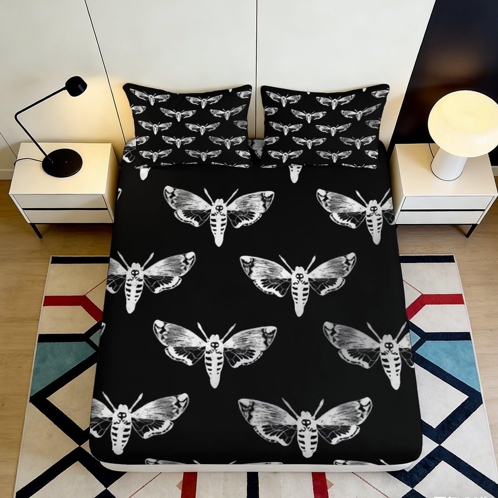 3D Printed Gothic Moth Fitted Sheet Microfiber Soft Breathable Skull Insect Mattress Cover for Bedroom Dorm Decor 90x200x25cm